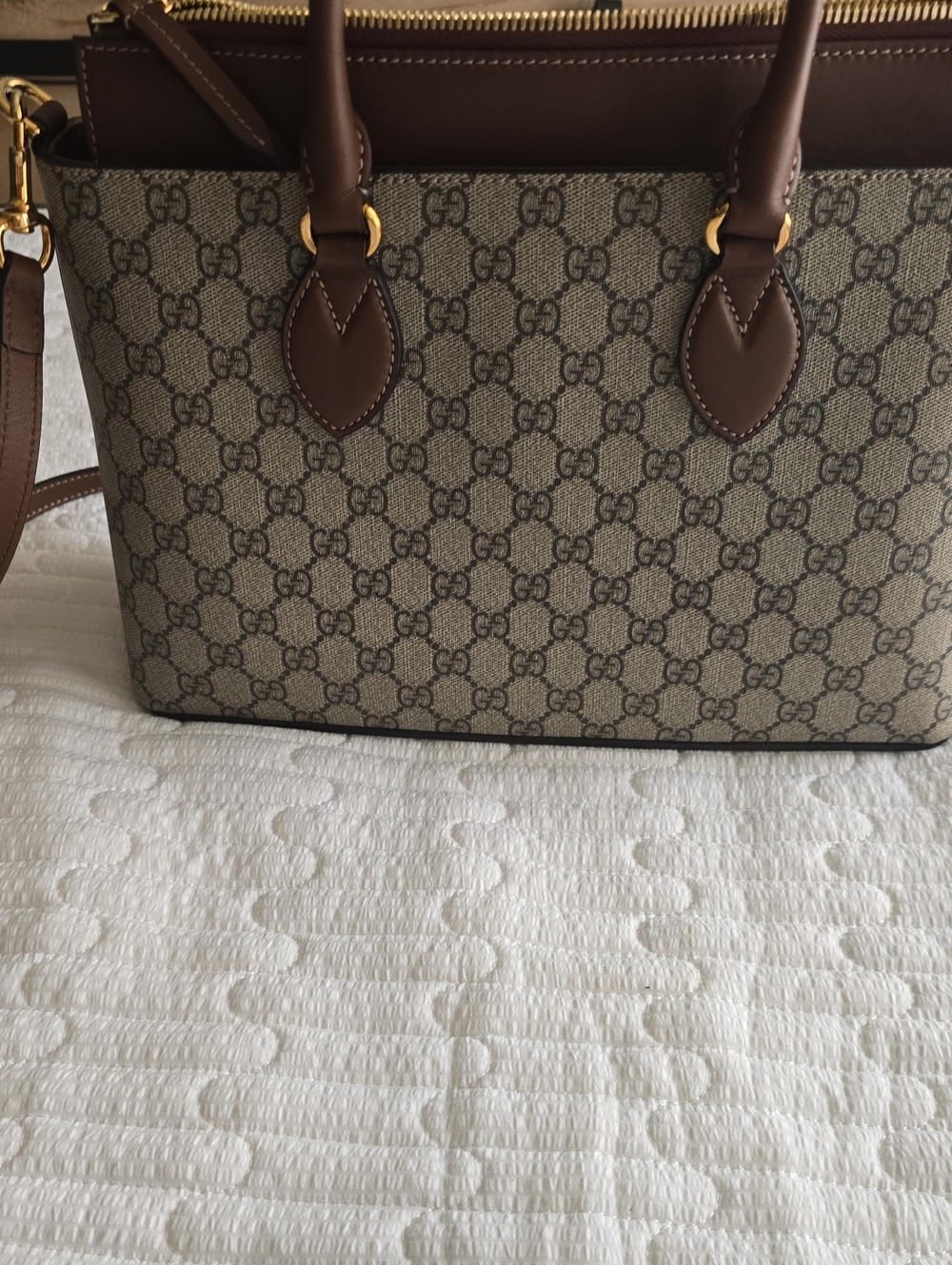 Gucci Beige GG Supreme Canvas Tote with Brown Leather Trim